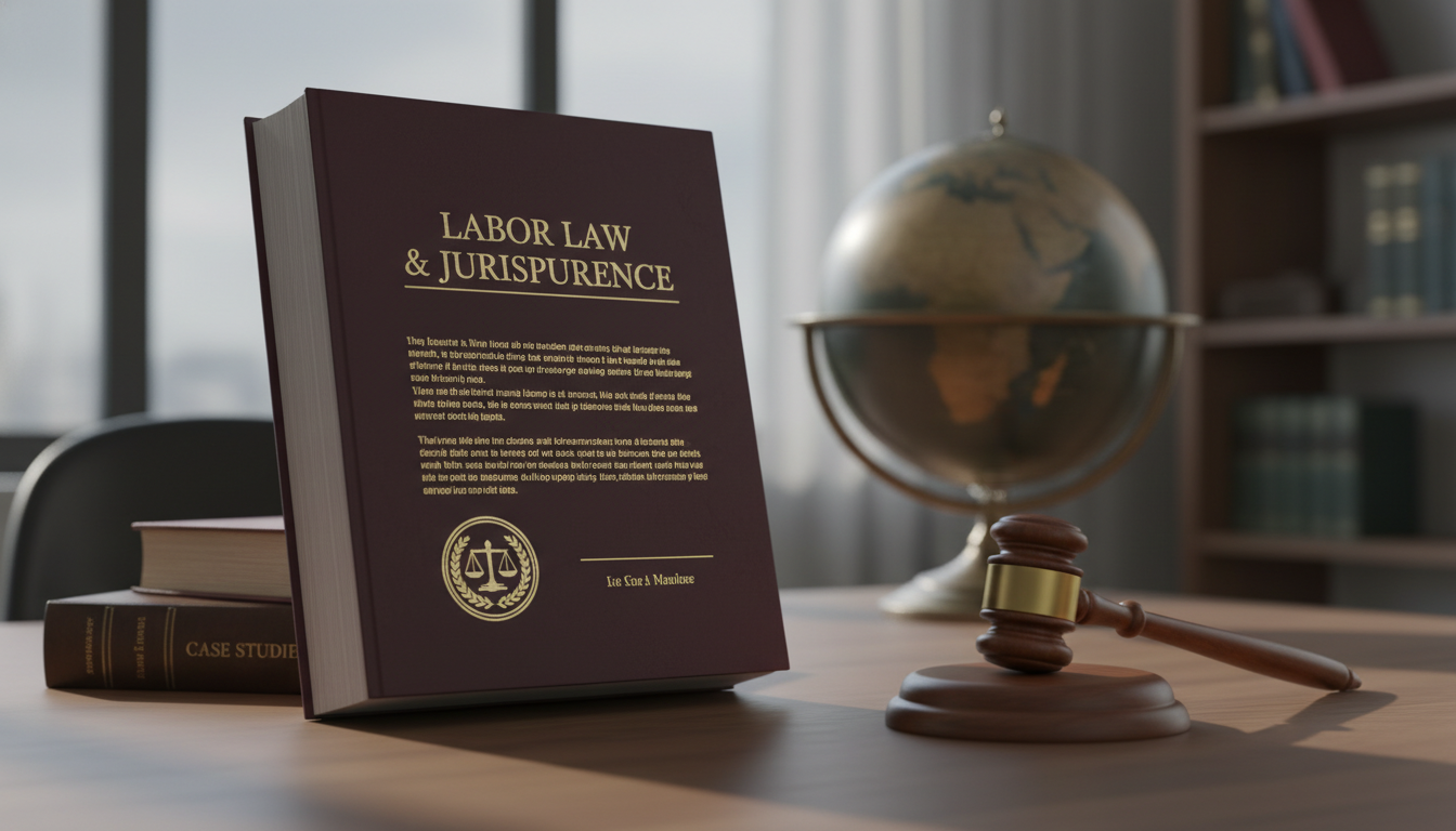 Libro de derecho laboral y jurisprudencia junto a un martillo judicial.