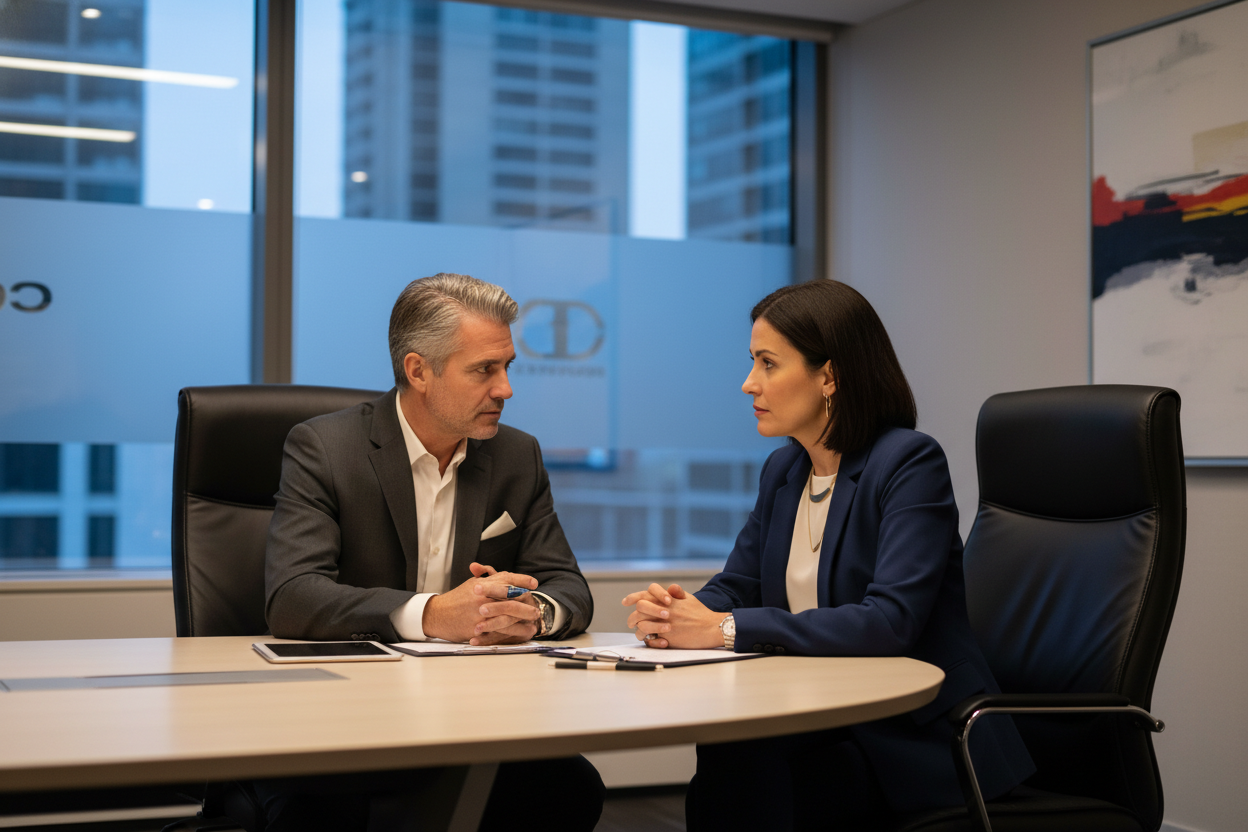 Dos consultores conversando en una sala de juntas.