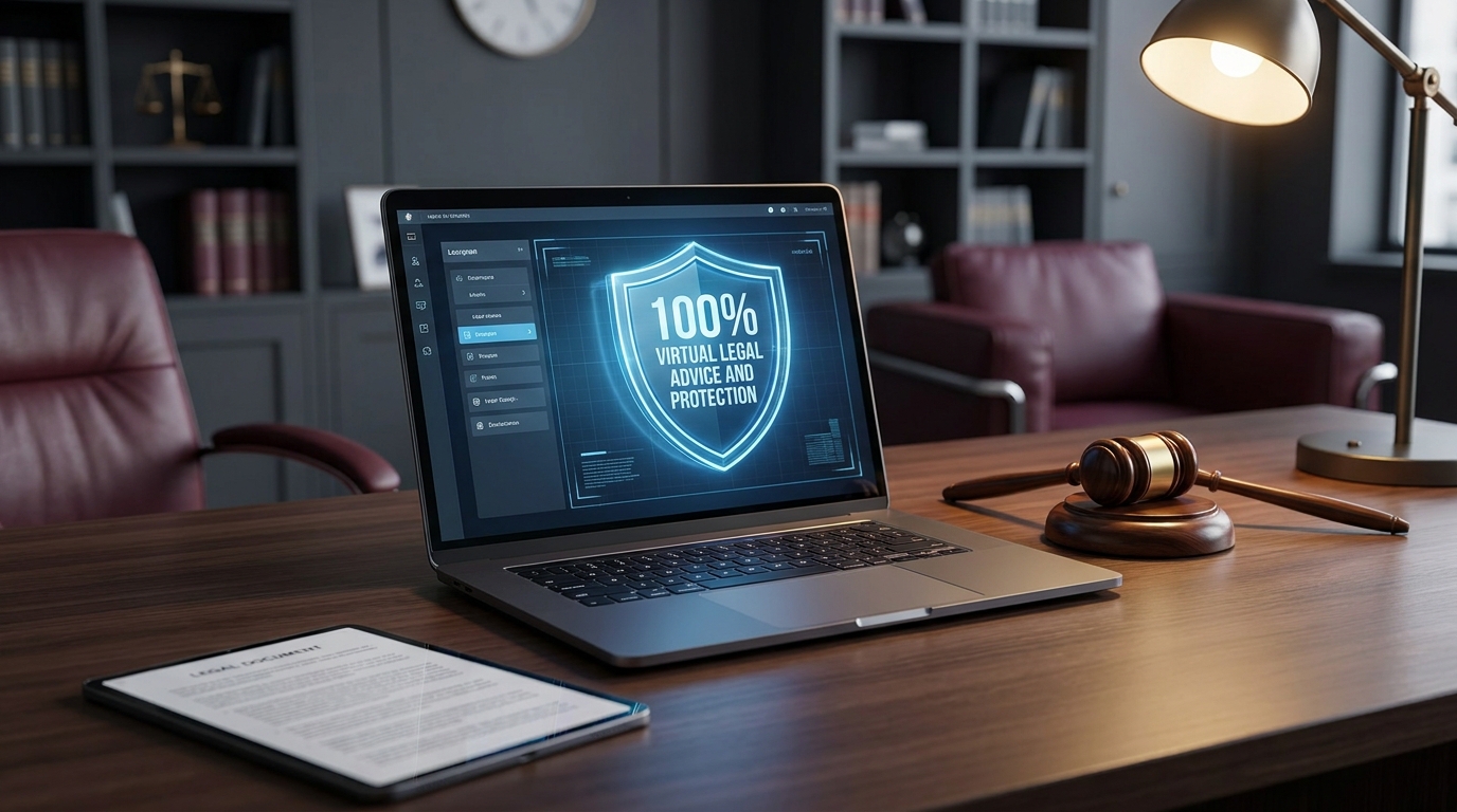 Escritorio jurídico con asesoría legal virtual y protección digital.